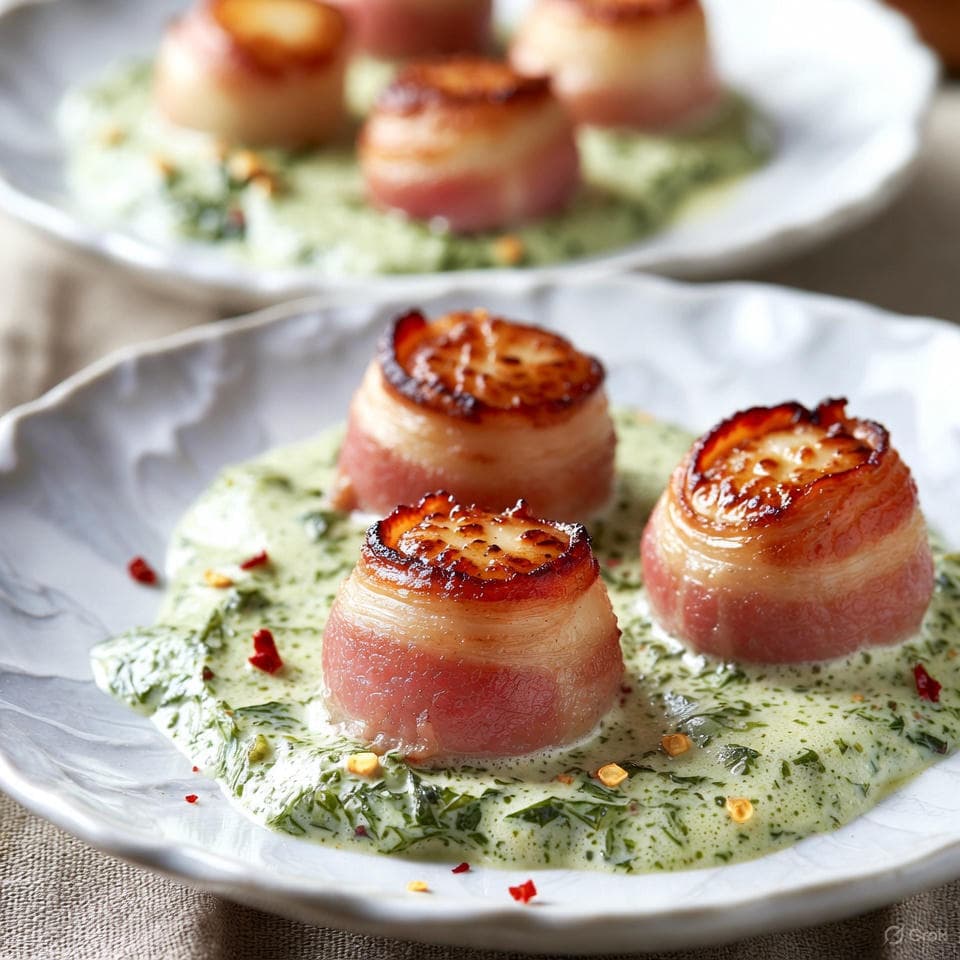 Bacon-wrapped seared scallops bursting with smoky juices over airy garlic spinach foam and chili flakes