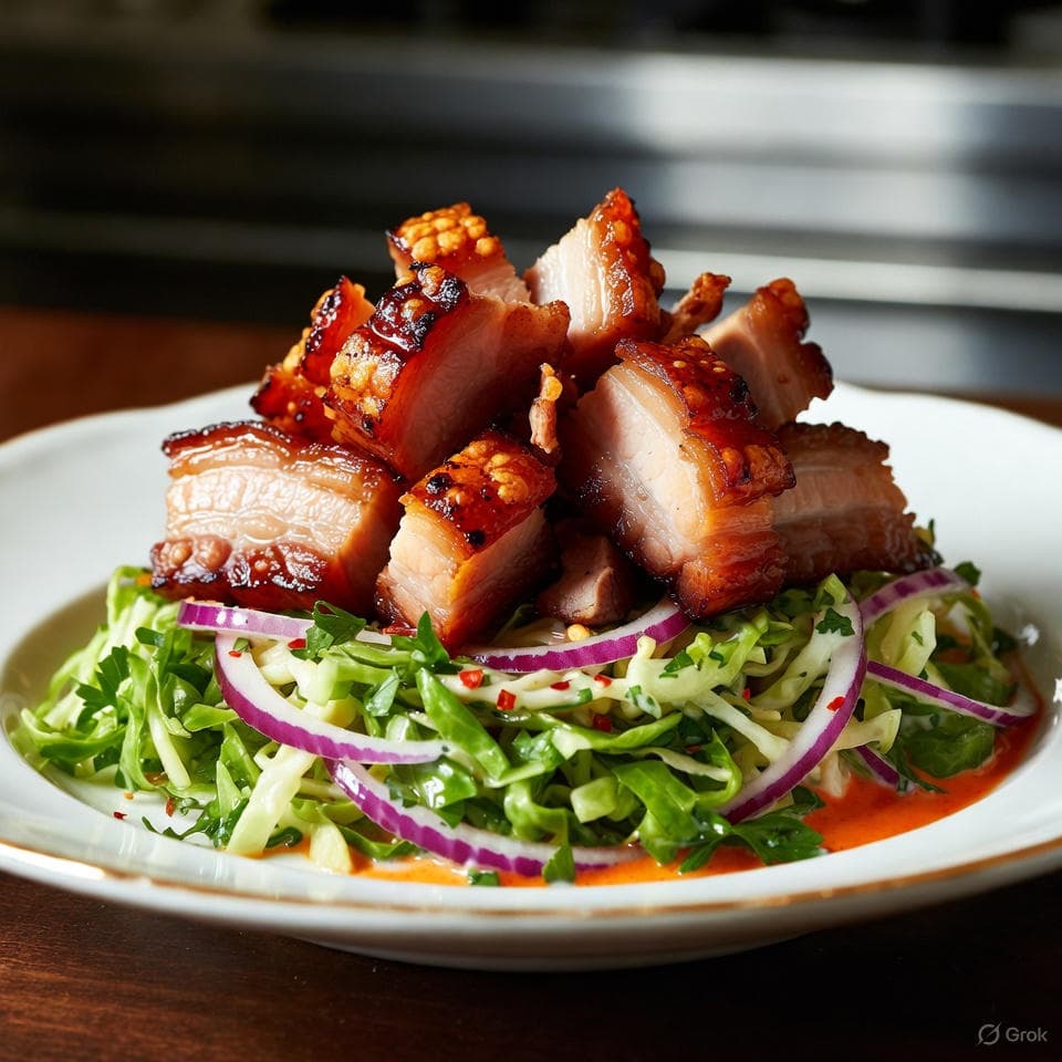Caramelized balsamic-glazed pork belly crisps shattering over fiery sriracha-laced Brussels sprout slaw with pickled red onion tang