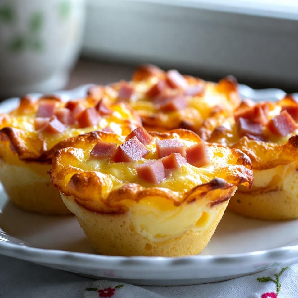 Baked egg muffins with golden cheese edges, flecked with pink ham cubes
