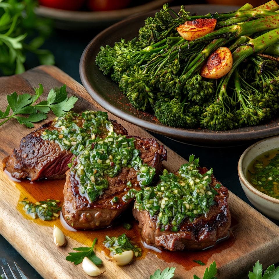 Juicy chimichurri-drenched steak bites sizzling beside smoky paprika-rubbed broccoli rabe with garlic confit