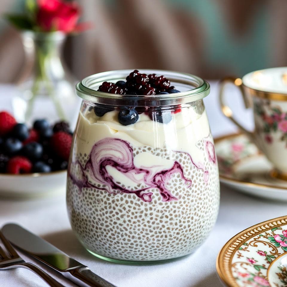 Silky chia pudding in a jar, swirled with coconut cream and dotted with fresh berry gems
