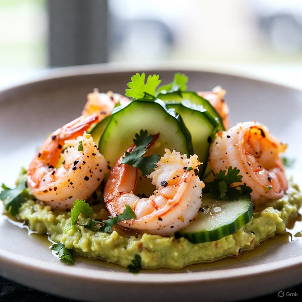 Citrus-marinated furikake-crusted shrimp ceviche scooped into creamy avocado mousse cups with cucumber pearls