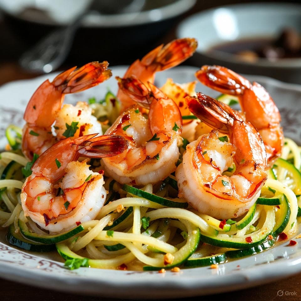 Succulent garlic butter shrimp dancing with spiralized zucchini in a quick stir-fry, flecked with chili and parsley