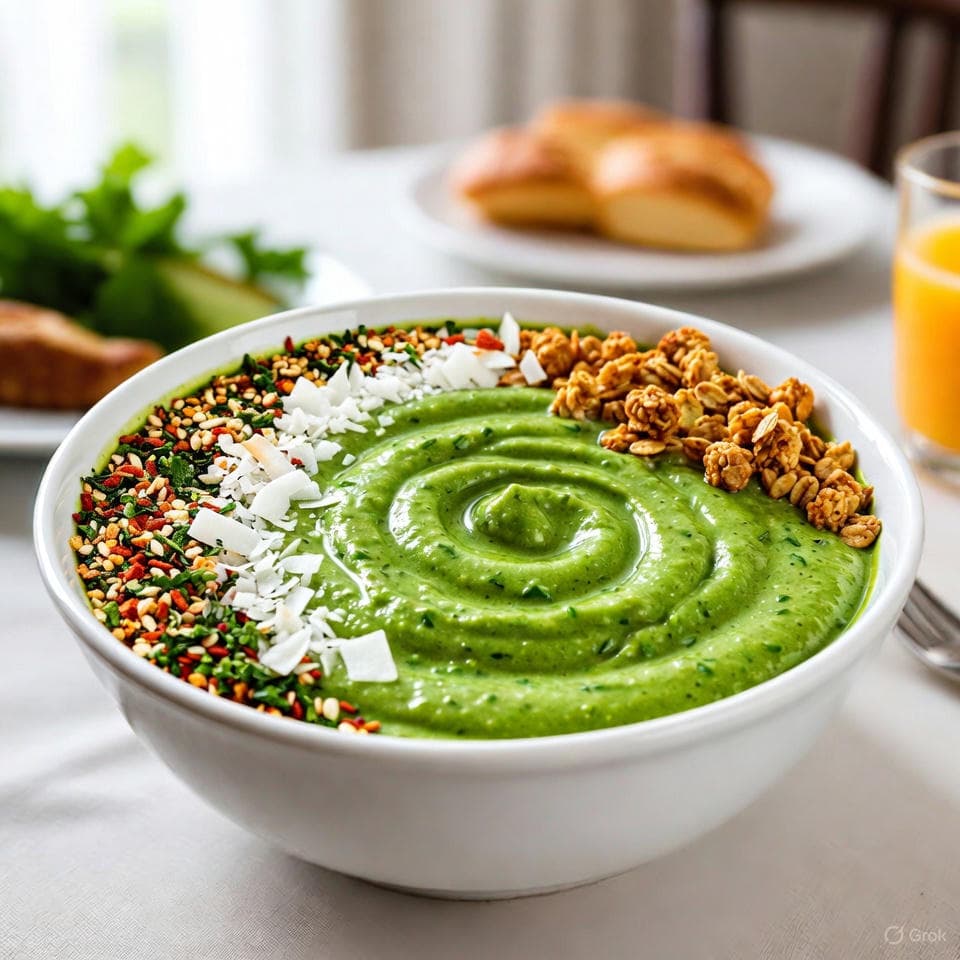Vibrant green goddess smoothie bowl swirled with spinach-kale cream, topped with furikake flake fiesta and coconut crunch