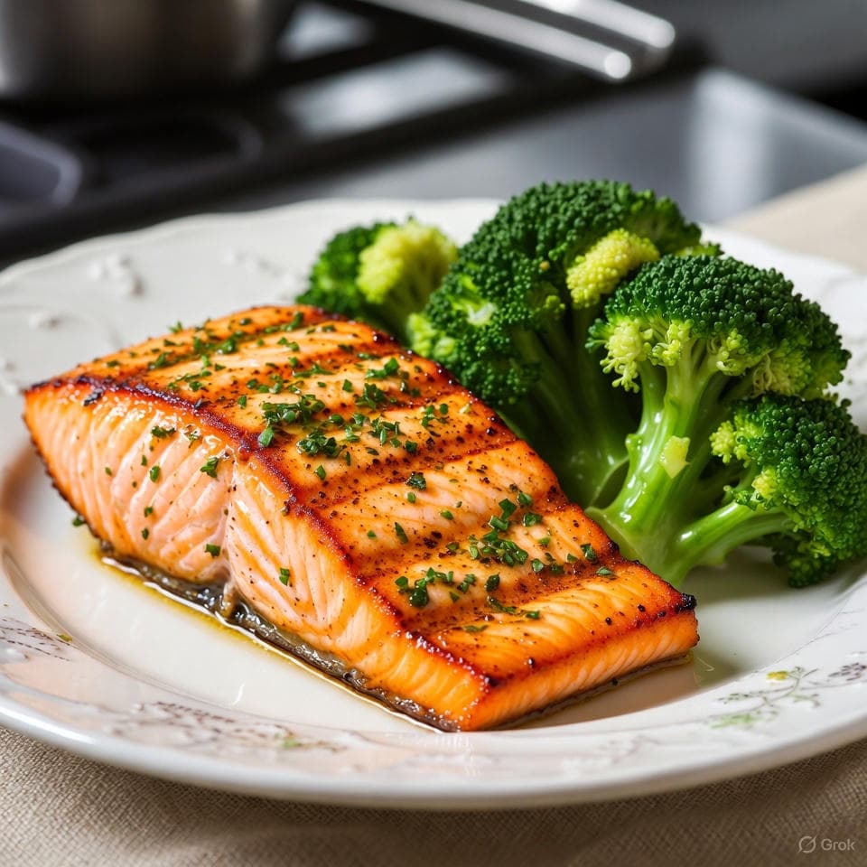 Flaky grilled salmon fillet glazed in lemon-herb butter, nestled beside vibrant steamed broccoli florets with garlic whisper
