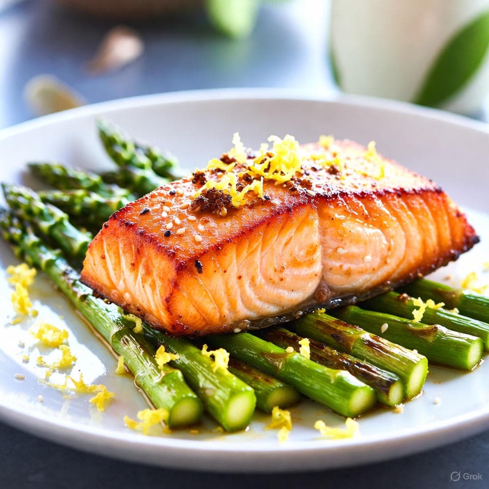 Silky miso-infused butter-poached salmon with smoky charred asparagus spears, zested with lemon and sesame crunch