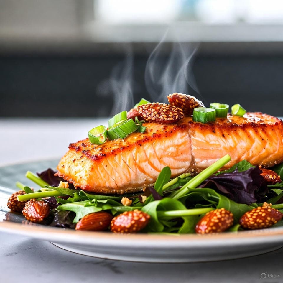 Flaky miso-glazed salmon flakes over mixed greens with candied sesame almonds, drizzled in ginger-soy vinaigrette