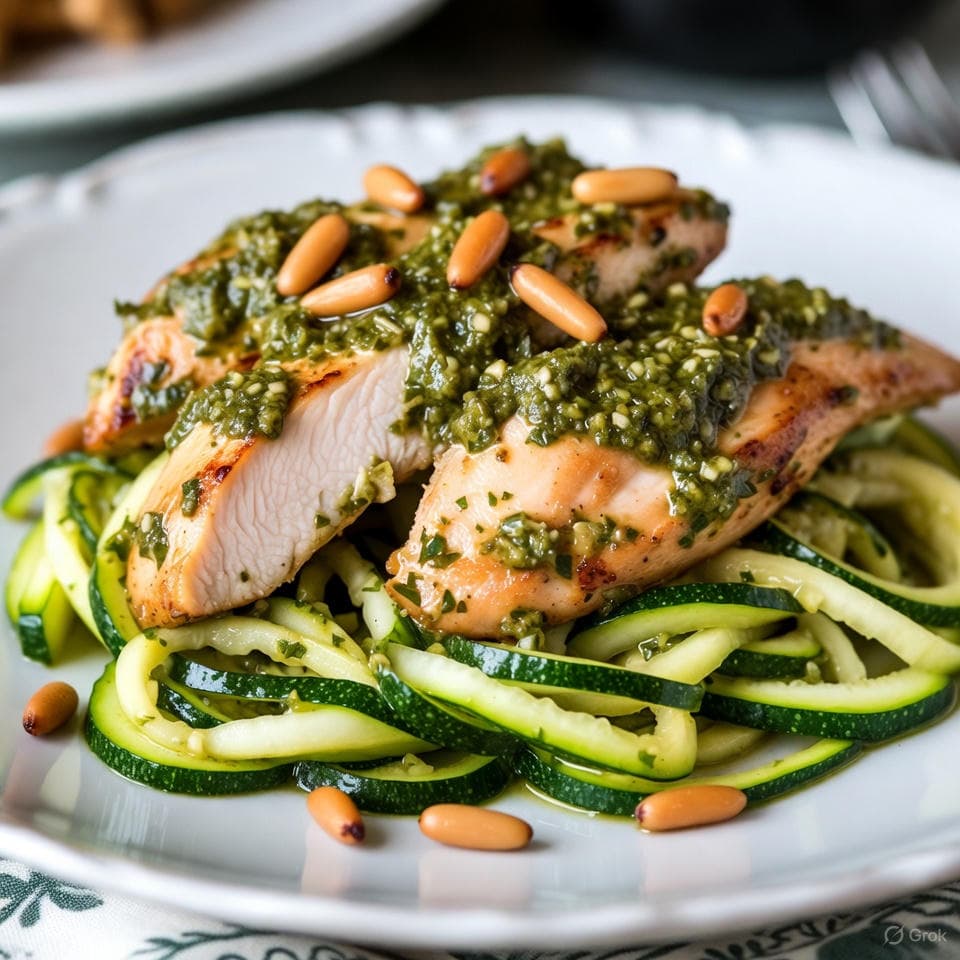 Tender chicken strips tossed in vibrant pesto over twirled zucchini noodles, garnished with pine nut sparkle