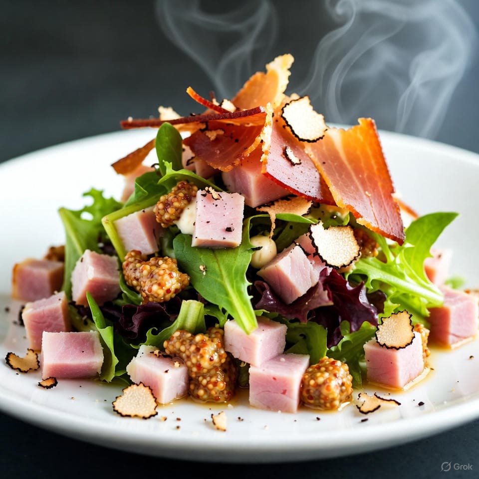 Earthy truffle-mustard dressed ham salad studded with crispy prosciutto shards and shaved black truffle whispers