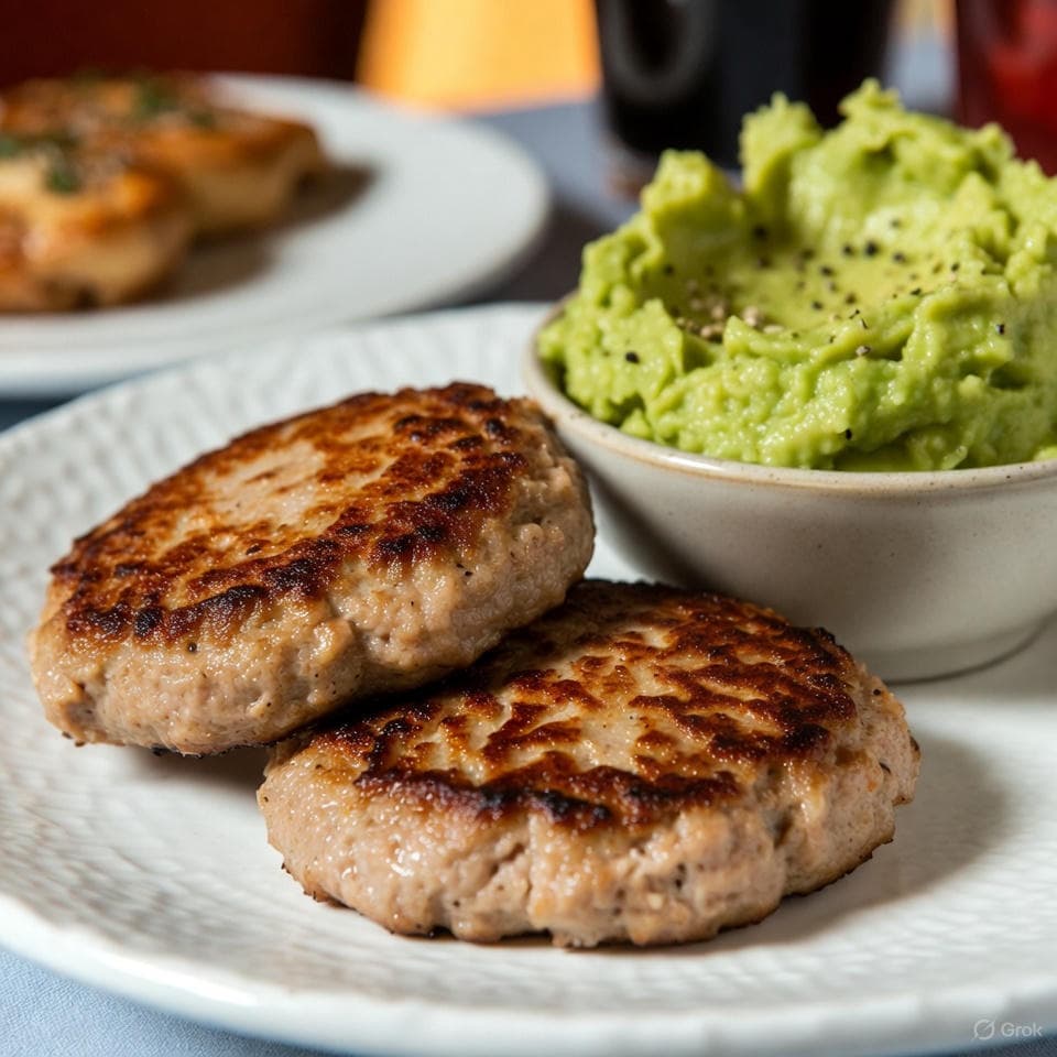 Crispy turkey patties beside creamy green avocado mash, scattered with black pepper flecks