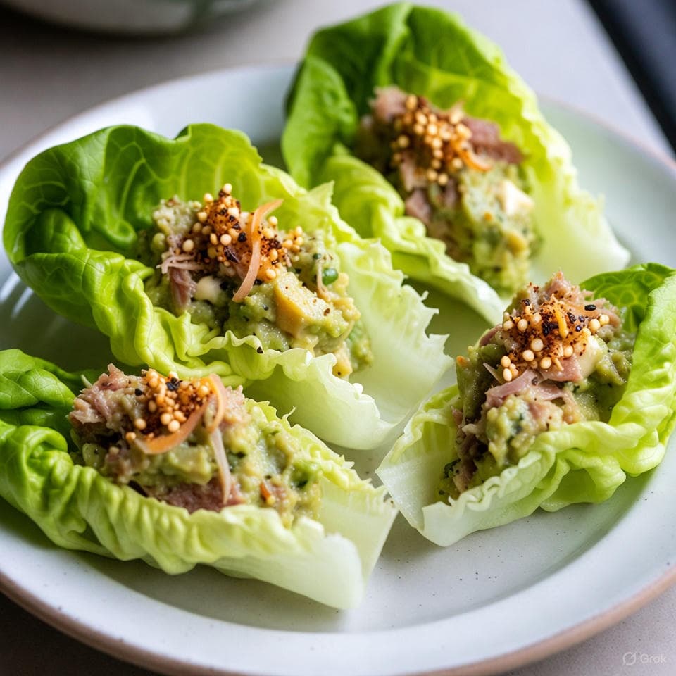 Zesty wasabi-mashed avocado tuna boats in butter lettuce cups, dusted with furikake seaweed crunch and pickled ginger slivers