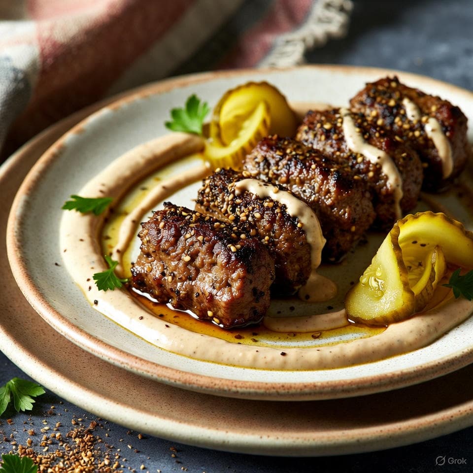 Sumac-dusted za'atar lamb koftas grilled to juicy perfection, swirled in garlicky tahini with briny pickled cucumber ribbons