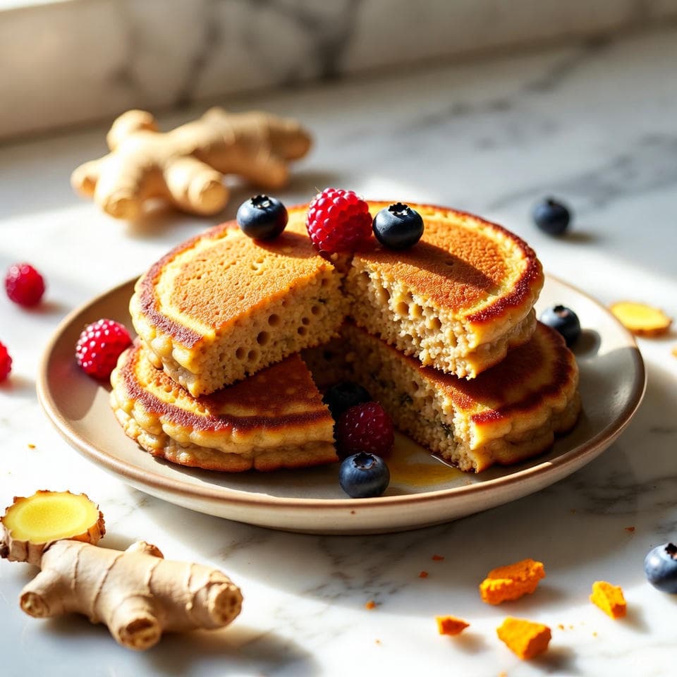 Fluffy banana pancakes made with oat flour, ginger, turmeric, topped with flax and minimal MCT