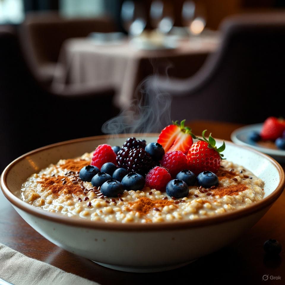 Steaming bowl of oatmeal topped with mixed berries, ground flaxseeds, and a light cinnamon dusting