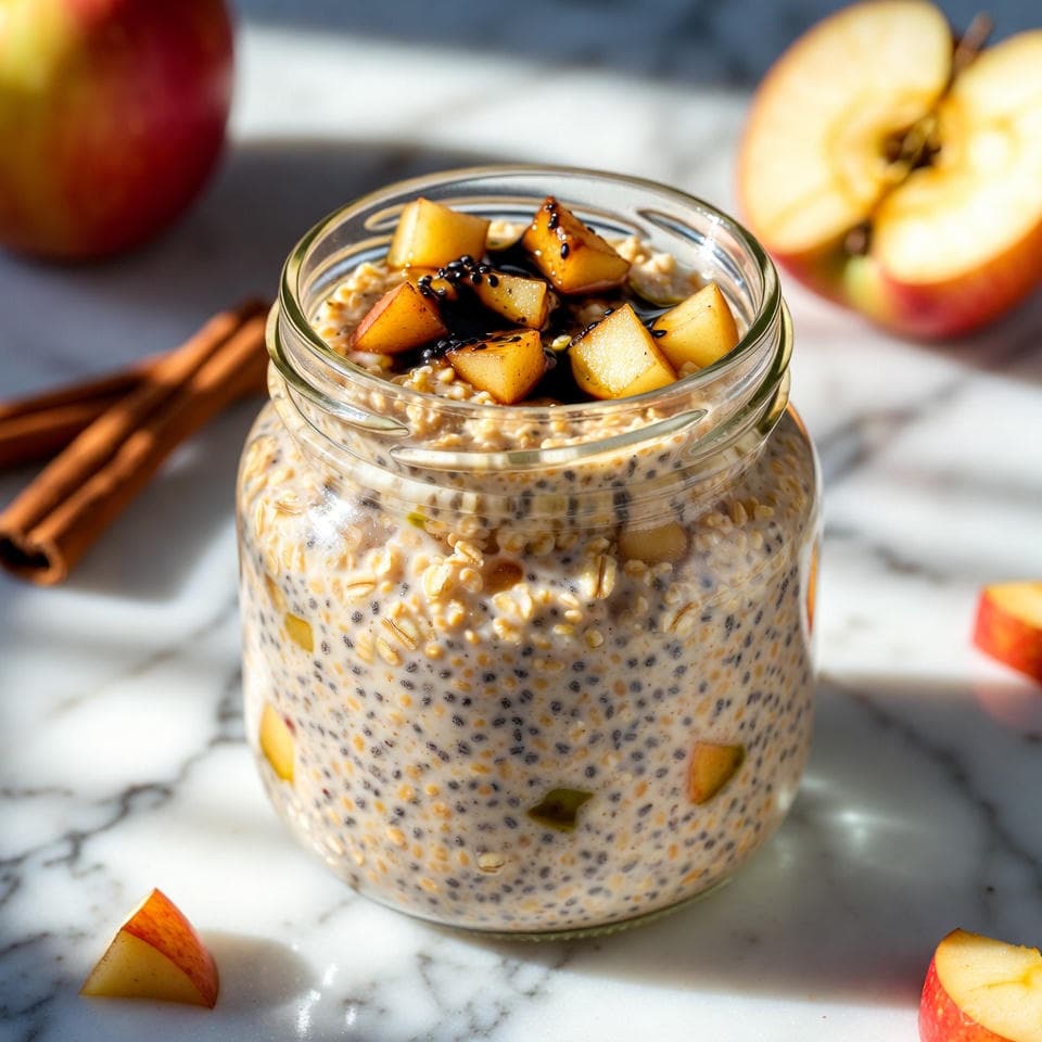 Jar of overnight oats with diced apple, chia seeds, and a swirl of black seed oil
