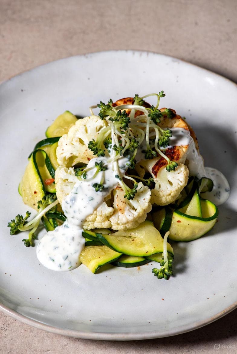 Steamed cauliflower steaks with zucchini ribbons, zesty herb-yogurt sauce, and broccoli sprouts