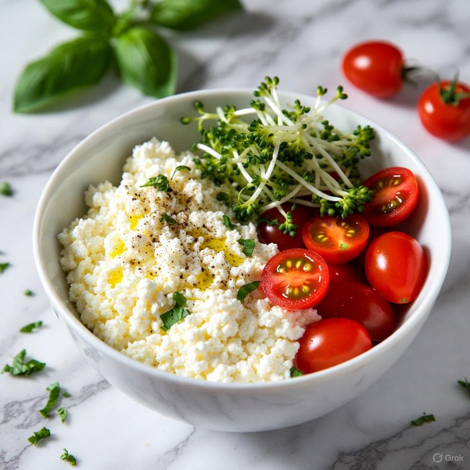 Bowl of non-fat cottage cheese topped with cherry tomatoes, fresh basil, a mist of olive oil, and sprouts
