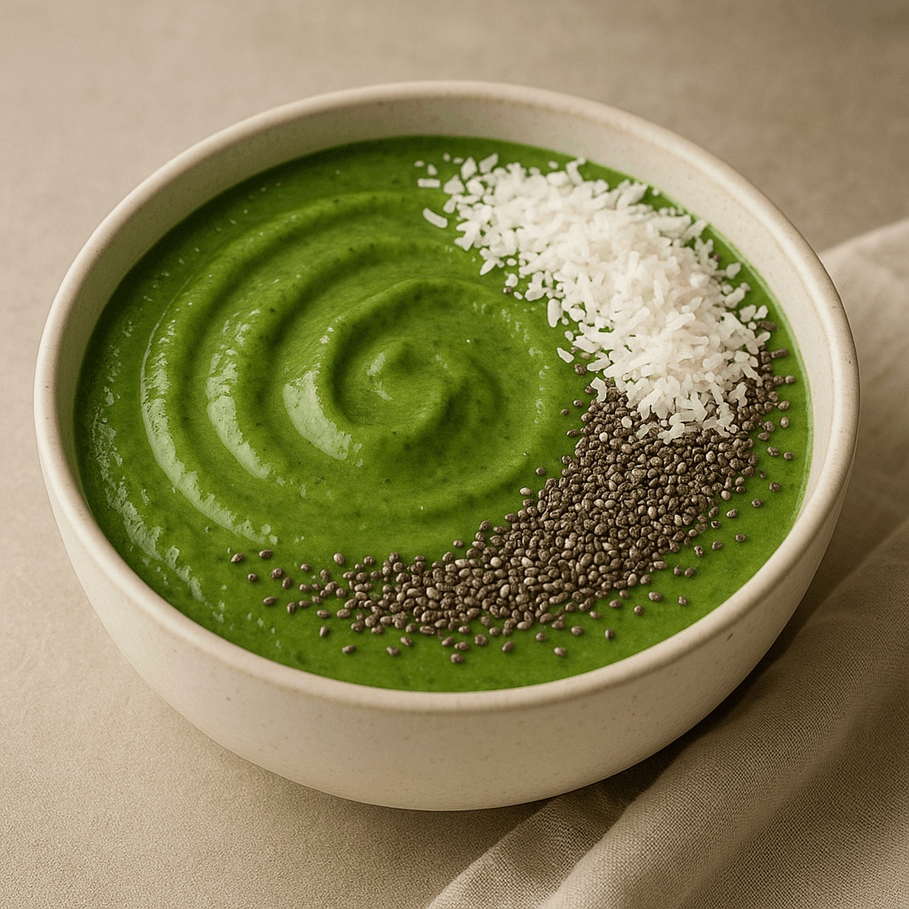 Thick smoothie bowl of kale, banana, chia, topped with minimal MCT oil and seeds