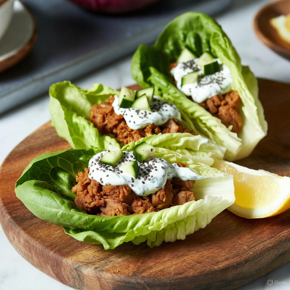 Ground lamb filled lettuce cups with fresh mint yogurt, chia seeds, cucumber, and lemon