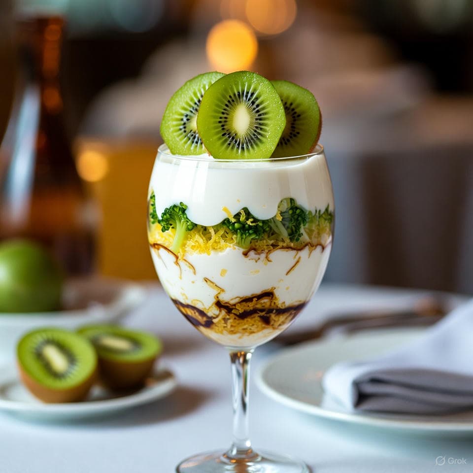 Layered non-fat yogurt parfait with lemon zest, tahini drizzle, fresh broccoli sprouts, and fruit