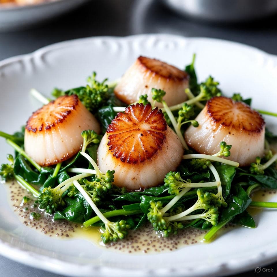 Golden seared scallops over wilted spinach, lemon-garlic chia sauce, and black seed accents