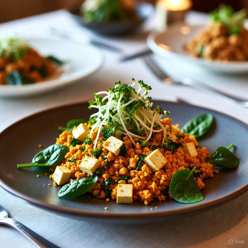 Golden tofu scramble with minced garlic, broccoli sprouts, spinach, and a touch of turmeric