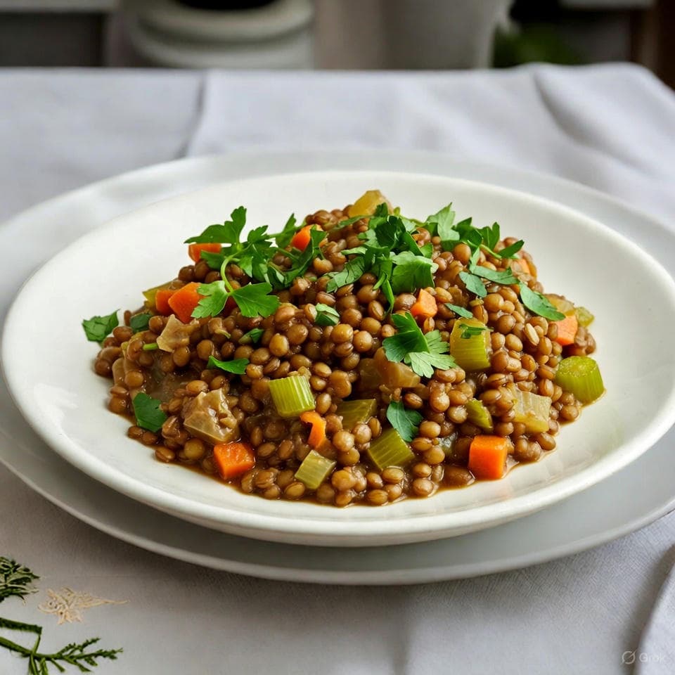 Vibrant quinoa-lentil bowl with steamed broccoli florets, diced tomato and apple confetti, spinach veils, and lemon-tang drizzle