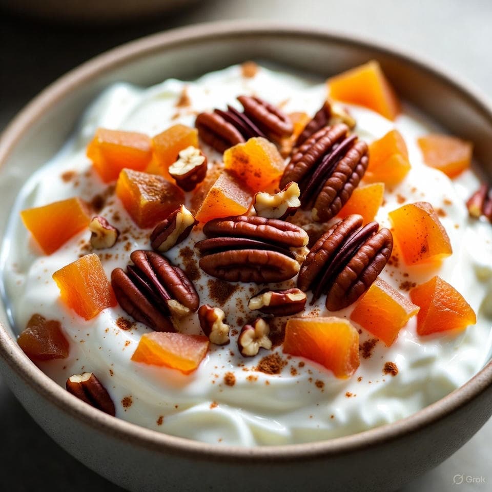 Layered yogurt parfait with plump chopped dried apricots, toasted pecans, and a warm cinnamon swirl