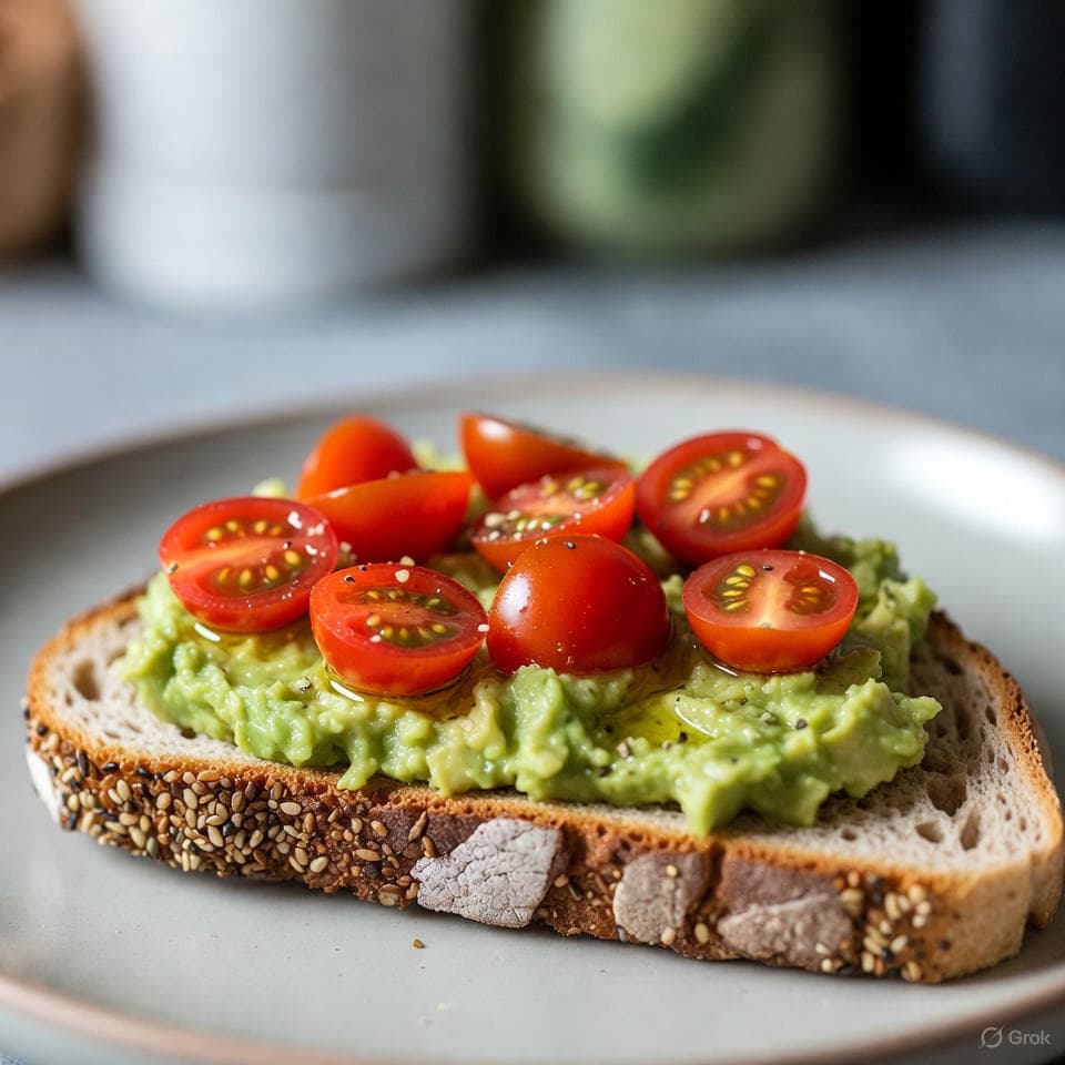 Toasted whole-grain bread spread with creamy herbed avocado and topped with burst cherry tomatoes, drizzled with olive oil and fresh basil
