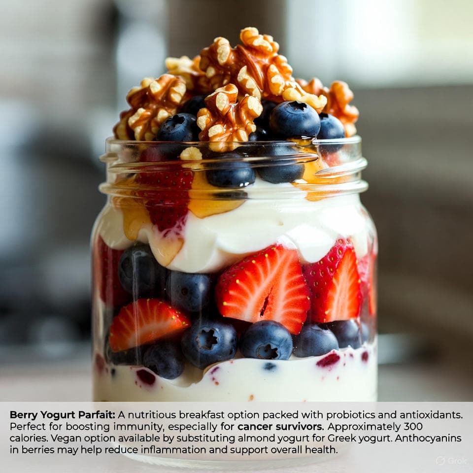Layered Berry Yogurt Parfait in a clear jar, topped with fresh berries, chopped nuts, and a lemon zest garnish
