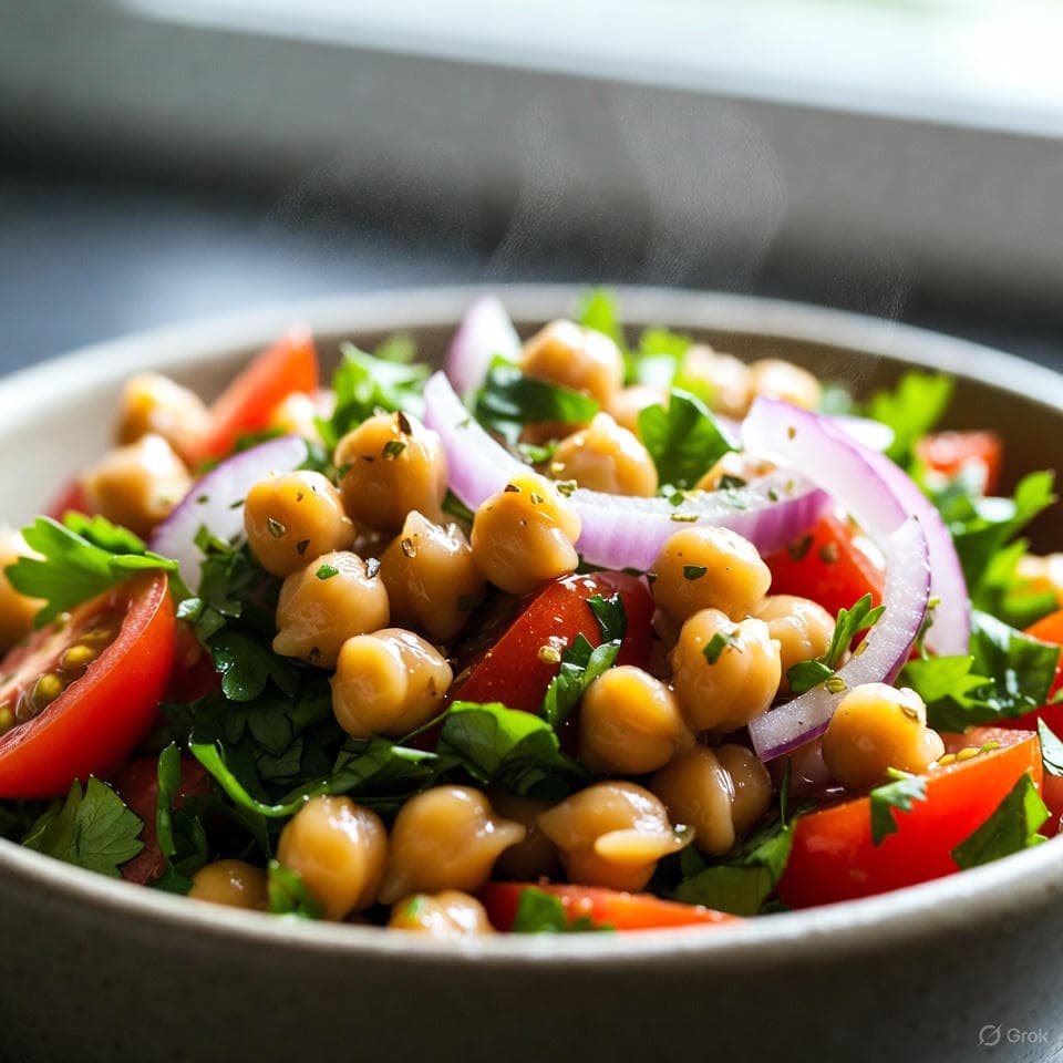 Vibrant oregano-spiced chickpea salad with chopped ripe tomatoes, thinly sliced red onions, fresh parsley, and a glossy lemon-olive oil vinaigrette