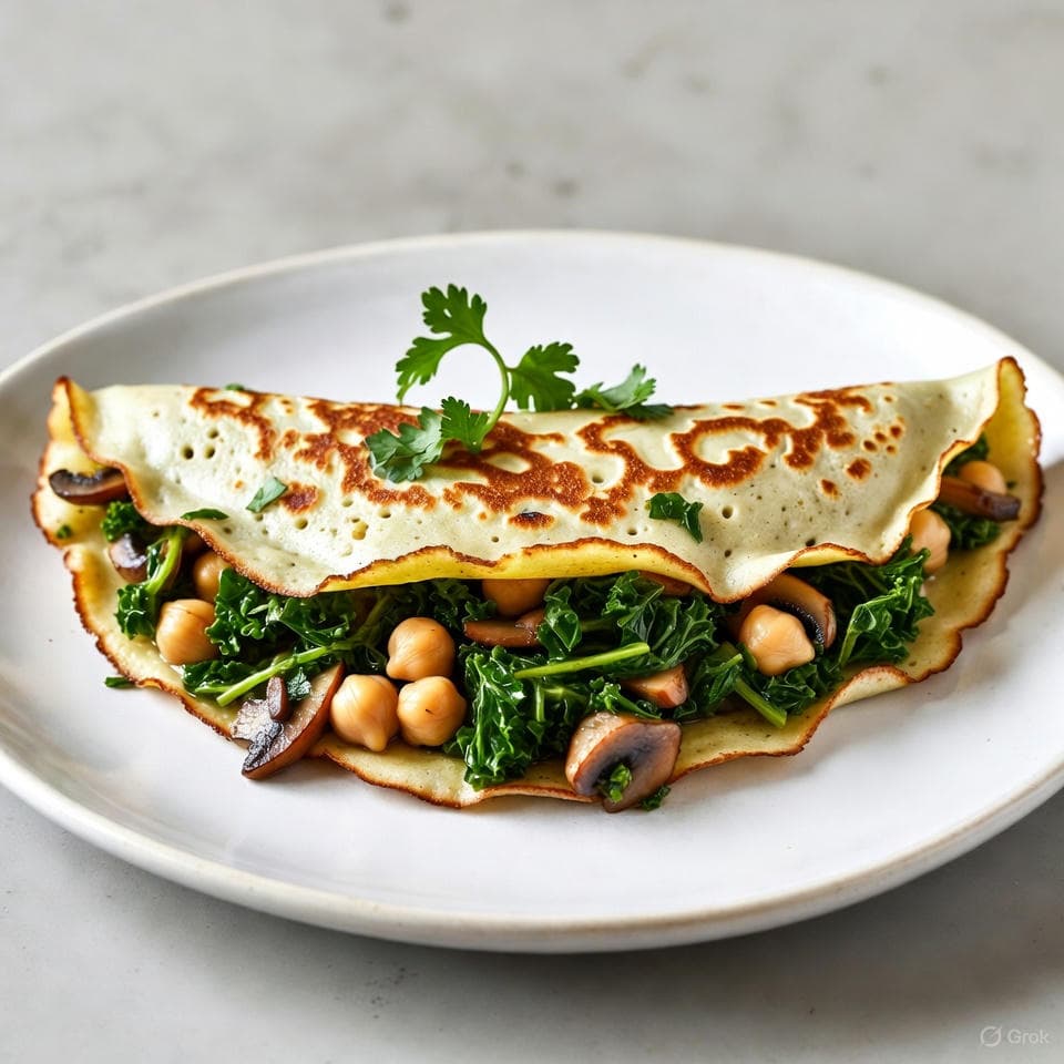 Golden chickpea crepe folded over a vibrant filling of sautéed kale, mushrooms, and herbs, drizzled lightly with olive oil