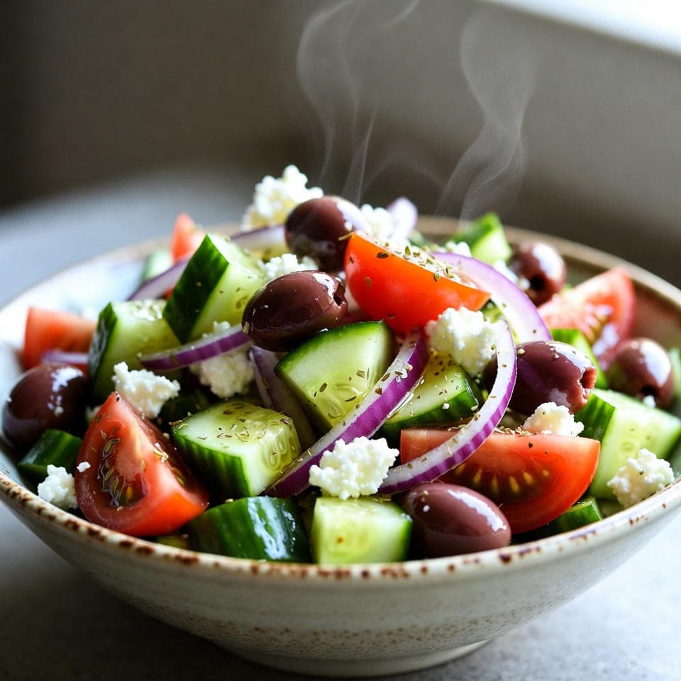 Rustic Horiatiki salad bowl with chunky cucumber, tomato wedges, sliced red onions, briny Kalamata olives, crumbled feta, and an oregano-flecked vinaigrette