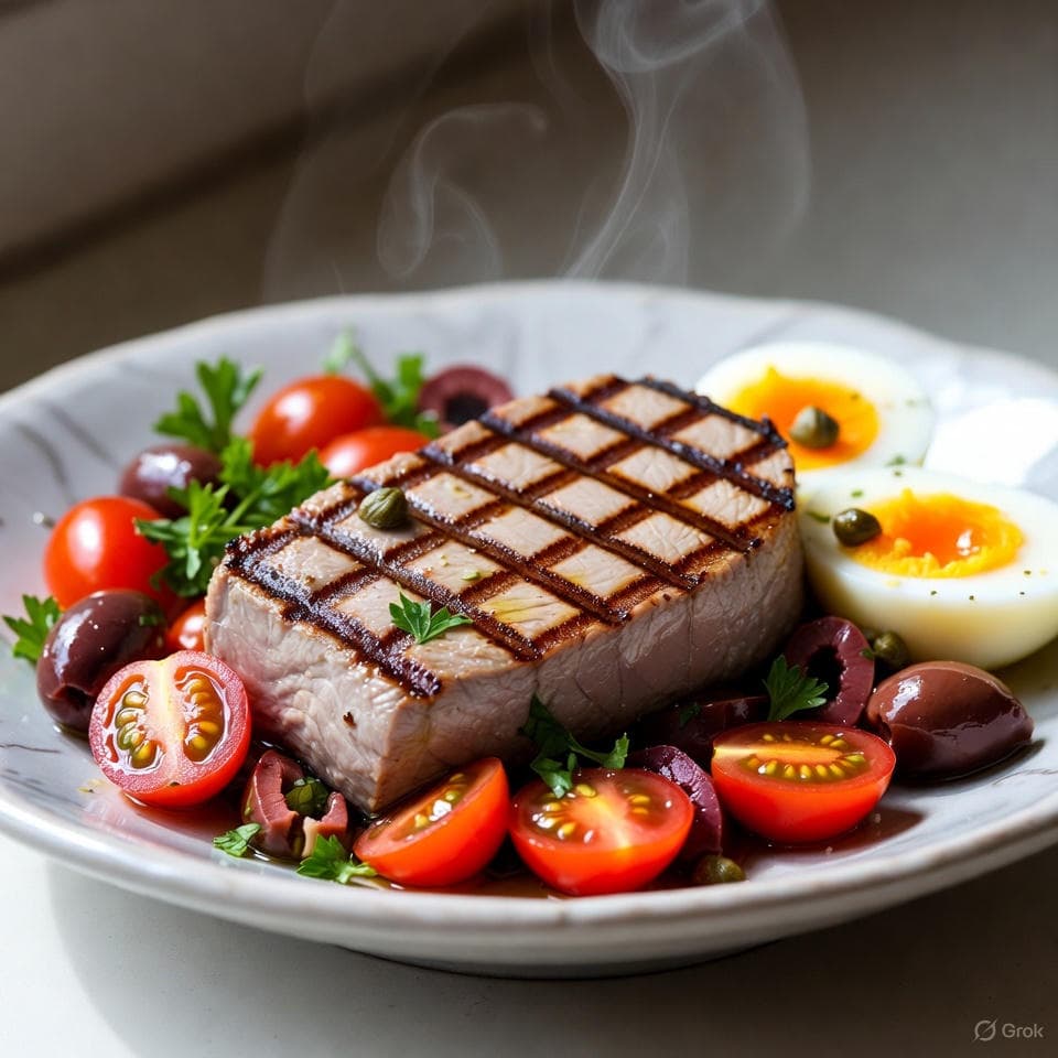 Seared lemon-herb tuna Niçoise arranged with halved cherry tomatoes, sliced Kalamata olives, quartered egg, and briny caper relish