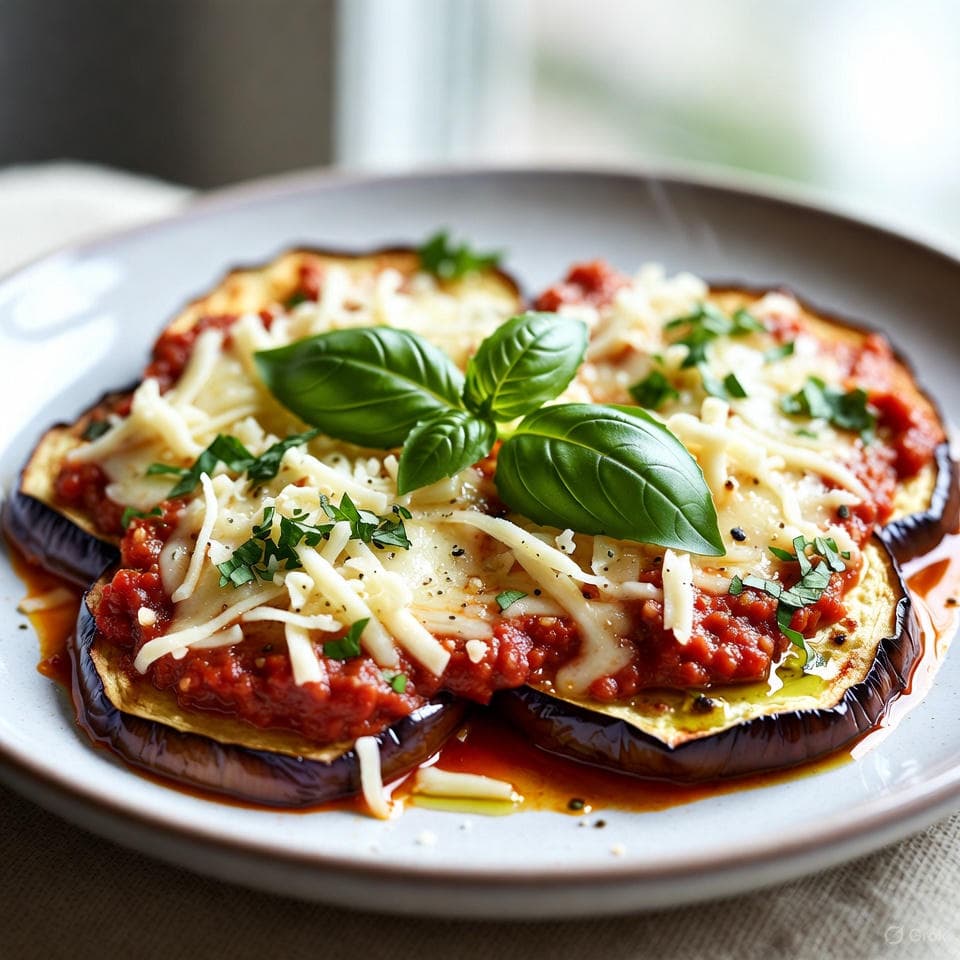 Layered Herb-Infused Baked Eggplant Parmesan with tomato sauce, mozzarella, and fresh basil in a baking dish