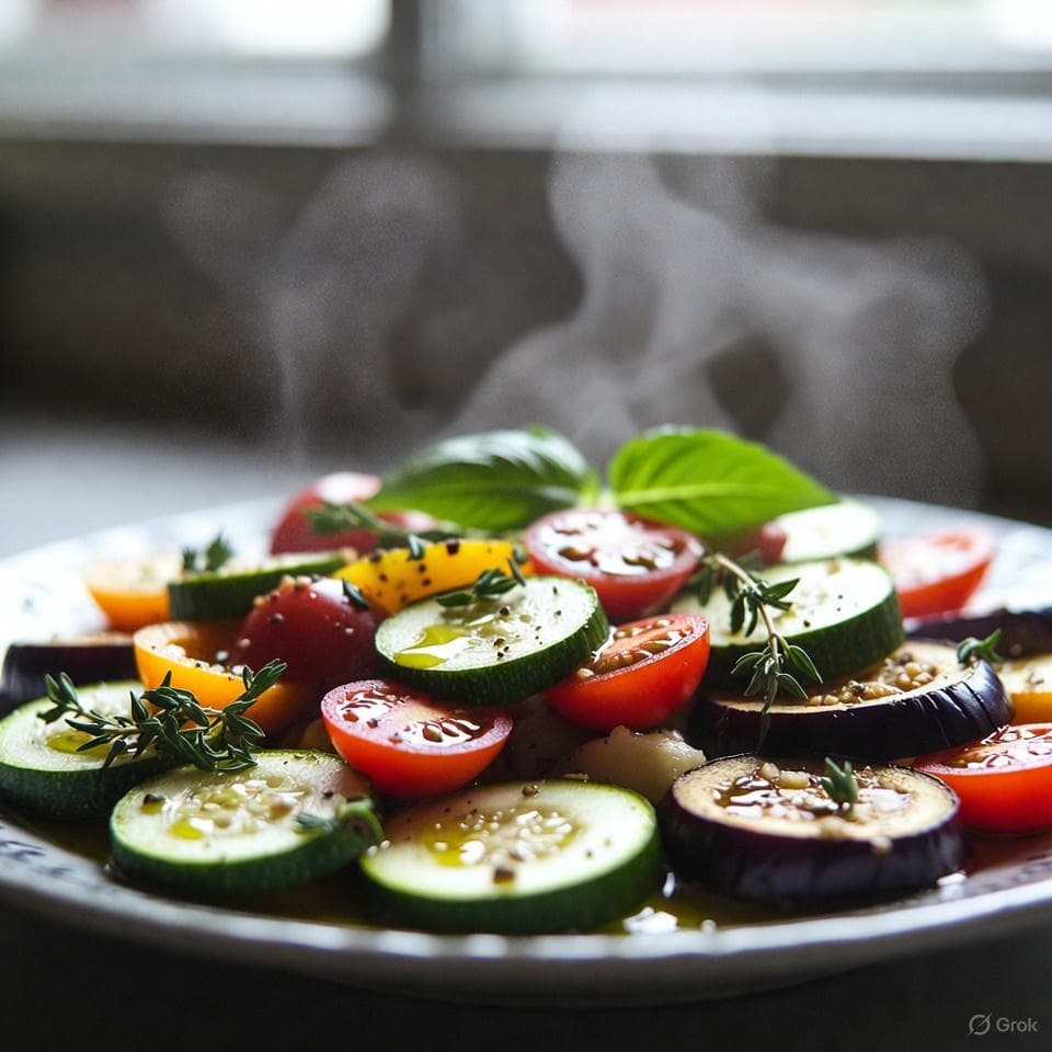 Colorful Herbed Ratatouille Bake layered with zucchini, eggplant, tomatoes, and bell peppers, drizzled in olive oil