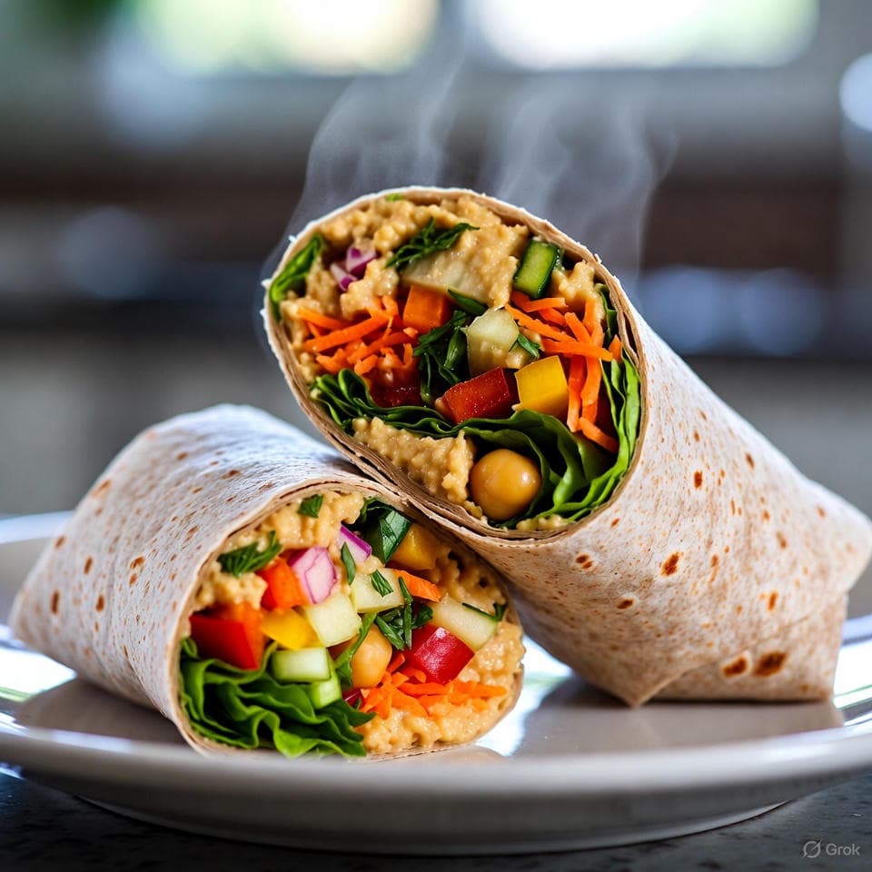 Diagonally sliced tahini-herb hummus wrap bursting with colorful bell peppers, crisp romaine, shredded carrots, and fresh dill in a whole-grain tortilla