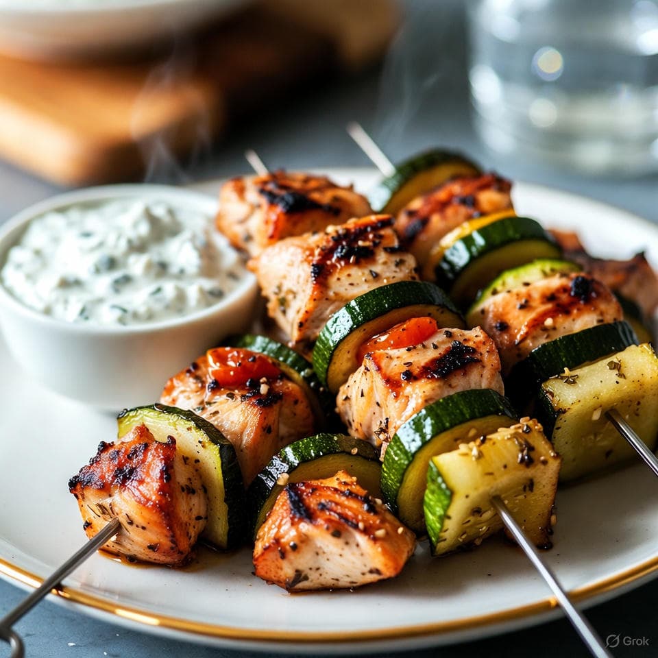Grilled Lemon-Garlic Chicken Souvlaki Skewers threaded with zucchini chunks and cherry tomatoes, served with tzatziki