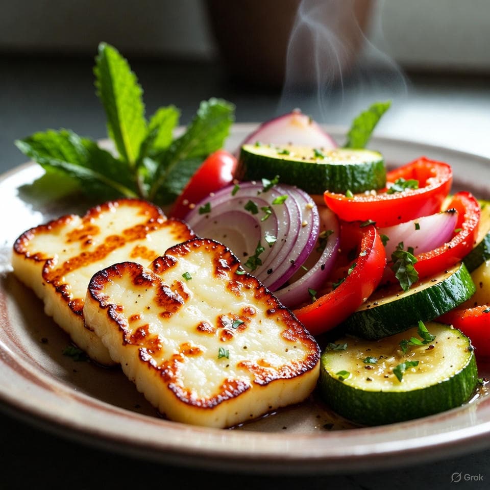 Grilled Mint-Lemon Halloumi slabs with charred bell peppers, onions, and zucchini, finished with fresh mint