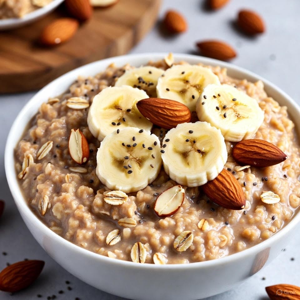 Warm spiced oatmeal in a bowl, topped with sliced bananas, toasted almonds, chia seeds, and a sprinkle of cinnamon