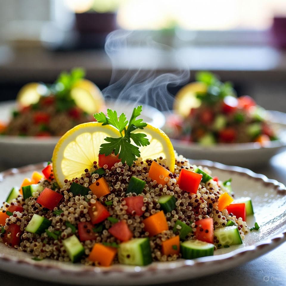 Vibrant quinoa salad bowl brimming with mixed greens, crisp cucumber slices, optional feta crumbles, and a glossy lemon-mint vinaigrette