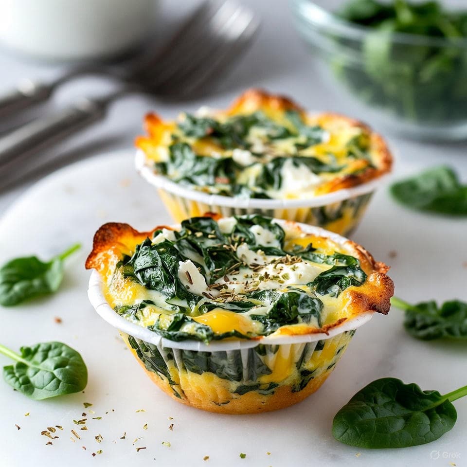Golden baked egg bites overflowing with wilted spinach, tangy feta crumbles, and hints of oregano in a muffin tin