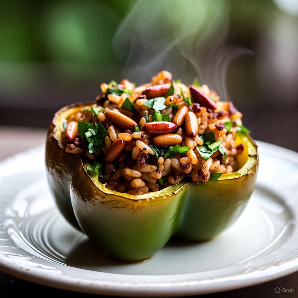 Golden-roasted stuffed bell peppers brimming with fragrant brown rice pilaf, toasted pine nuts, and a medley of fresh parsley and mint