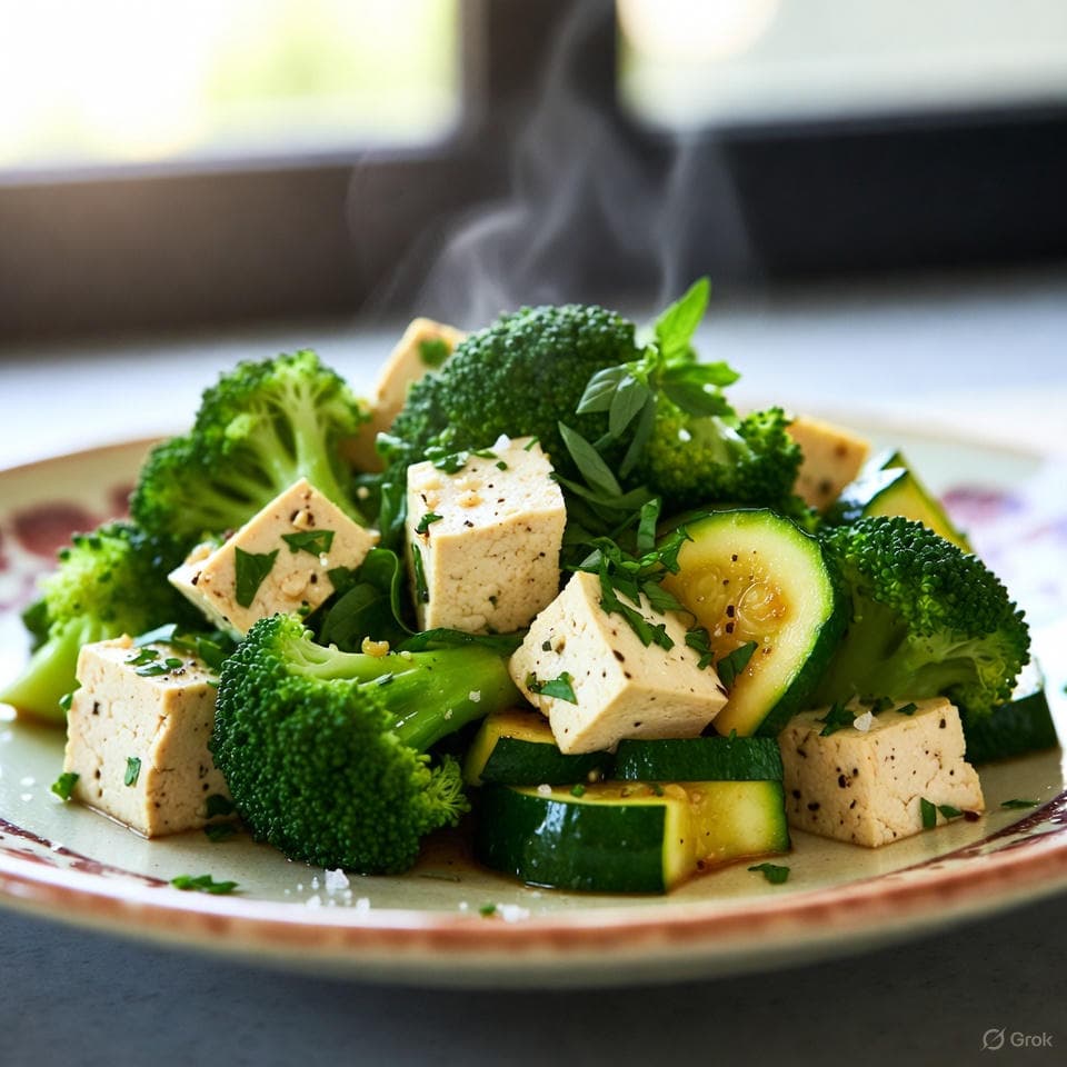 Aromatic lemon-basil tofu stir-fry with tender broccoli florets, sliced zucchini, and golden garlic in a light wok toss