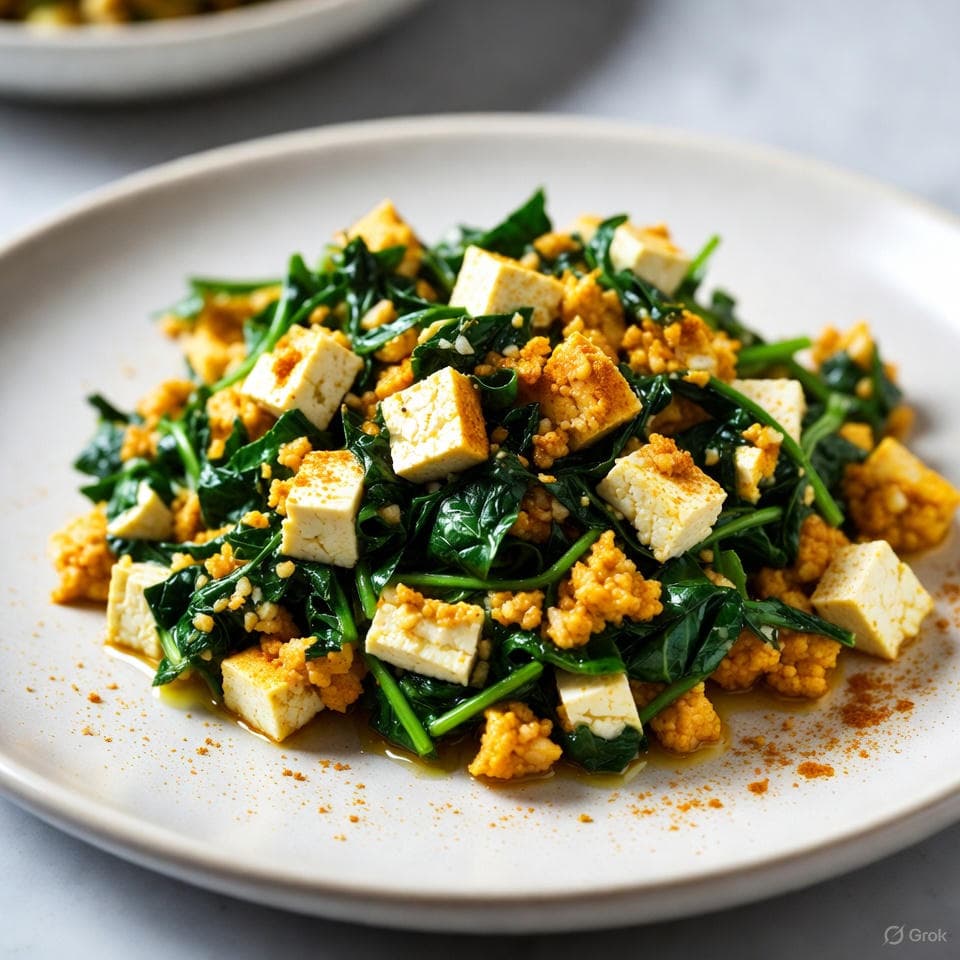 Vibrant golden turmeric tofu scramble flecked with sautéed greens and minced garlic in a cast-iron skillet