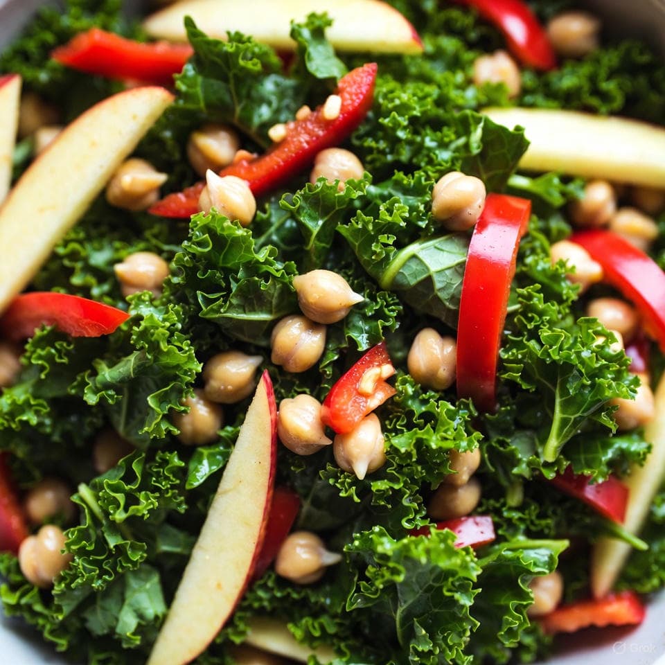 Hearty chickpea salad with massaged kale, red bell peppers, and apple slivers