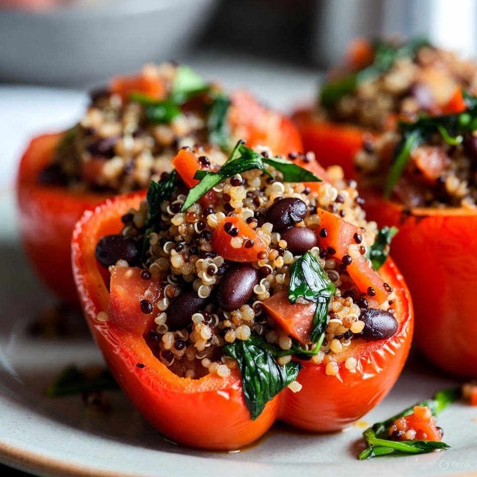 Baked red bell peppers overflowing with quinoa, black beans, and tomato jewels