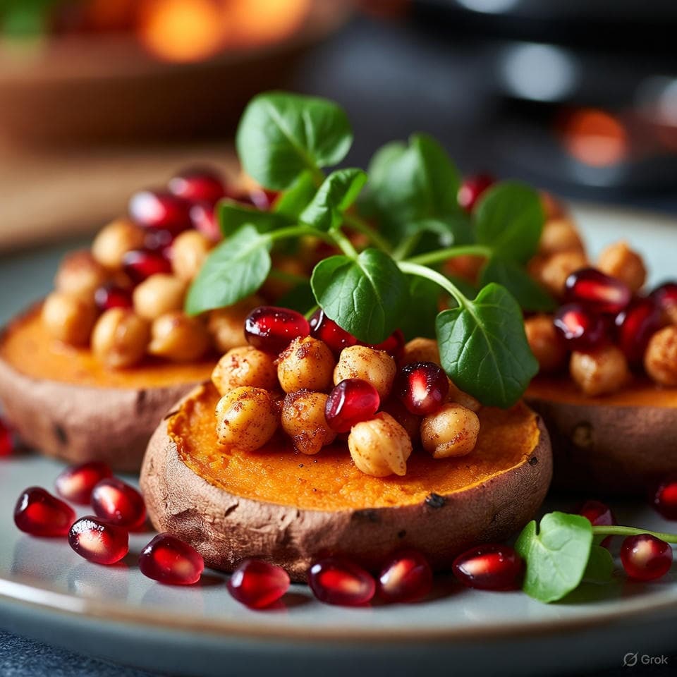 Baked sweet potato rounds topped with spiced chickpeas and pomegranate seeds