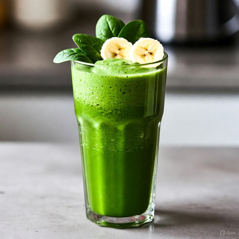 Vibrant green smoothie in a tall glass with spinach leaves and banana slices on top