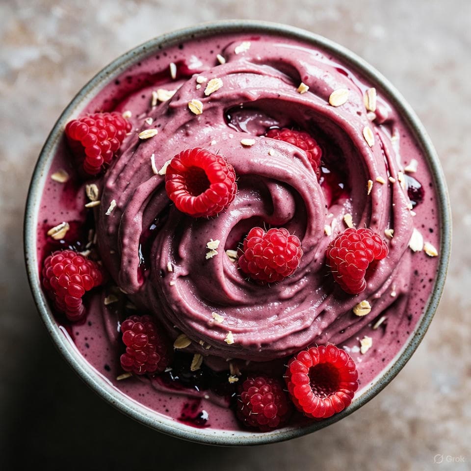 Swirled berry nice cream in a bowl with fresh berry topping